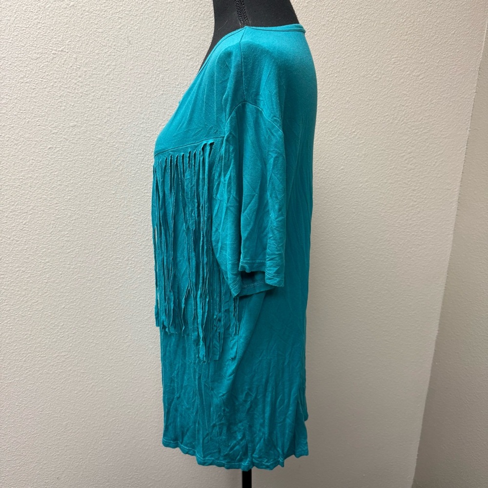 Crazy Train Teal Fringe Western Boho Top Festival Southwest Tee Size L - Picture 4 of 8